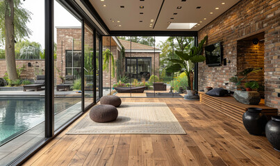 Wall Mural - A large open living room with a pool and a brick wall