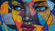 © florynstudio3 - Colorful mural of a stylized woman's face on an urban wall. Generative AI