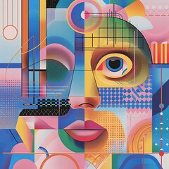 Wall Mural - Cubist collage with a human face and various geometric shards. Artwork. The painting is abstract and has many different colors. Illustration for cover, card, postcard, interior design, decor or print.