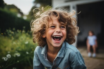 Poster - Portrait of a cute little boy with curly blond hair and blue denim jacket.