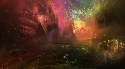 Wall Mural - digital artwork of a colorful nebula in a surreal cosmic setting. generative ai