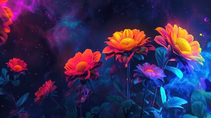 Wall Mural - Digital illustration featuring bright, neoncolored flowers against a cosmic dark backdrop. Generative AI