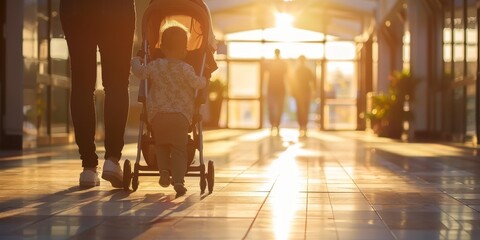 Wall Mural - A man and a child are walking down a hallway with a stroller