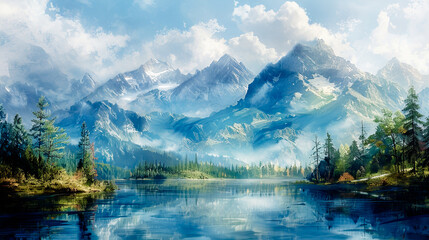 Wall Mural - Fantastic landscapes: mountain idylls in watercolor style