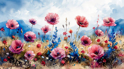 Wall Mural - Summer days: flower meadows in watercolor