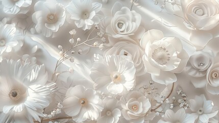 Wall Mural - Exquisite and elegant white floral assortment with delicate and soft blooms. Diverse foliage. And natural botanical elements. Perfect for wedding. Celebration. Or event decor. Ideal for wallpaper