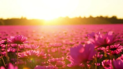 Wall Mural - Pink cosmos flower in cosmos field in garden with blurry background and soft sunlight. Close up flowers blooming on softness style in spring summer under sunrise beauty