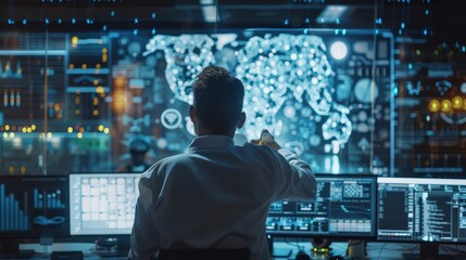 A web template showcasing a digital engineer analyzing data from various sensors and IoT devices to optimize system performance