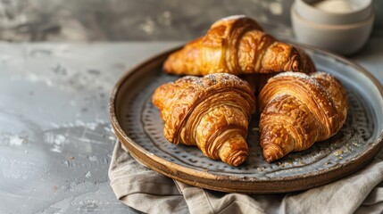 Golden croissants on a rustic plate with soft background for a cozy breakfast ambiance. Generative AI