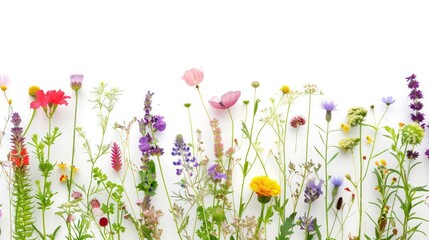 Wall Mural - Horizontal image of various vibrant wildflowers isolated on a white backdrop. Generative AI