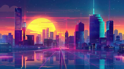 Wall Mural - Illustration of a neon lit, modern city skyline at dusk with a dynamic, cyberpunk vibe. Generative AI