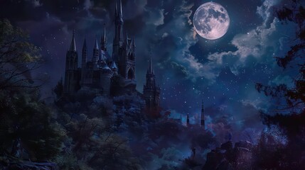 illustration of an enchanted, mystical, and magical fantasy castle under a full moon in a night scen