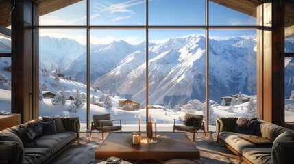 Wall Mural - luxury mountain resort with energy-efficient panoramic windows offering guests stunning views of the