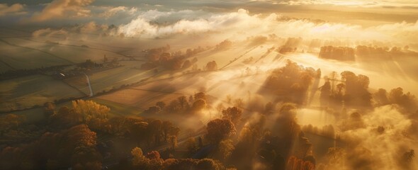 Poster - Sunrise Over Misty Countryside Landscape