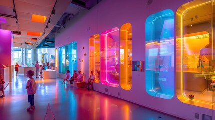 Wall Mural - childrena??s science museum with interactive energy-efficient windows that change transparency to de