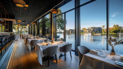 Wall Mural - riverside restaurant with expansive energy-efficient windows providing diners with panoramic views o