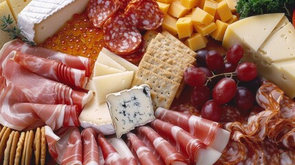 Poster - A variety of cheeses crackers and sliced meats arranged on a wooden ting board perfect for creating your own charerie board.