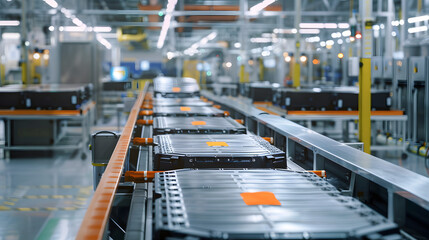 Wall Mural - electric car battery production line in a modern factory setting with conveyor belt and row of batte