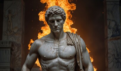 Wall Mural - ancient greek marble statue of young man, 25 years old, wearing toga, standing proud, huge fire bursting out from within his heart, fire originating from his heart, violent fire