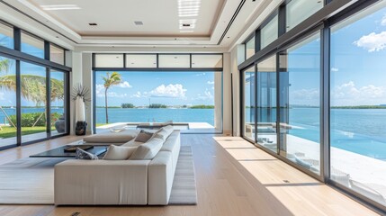 Wall Mural - luxurious waterfront villa with floor-to-ceiling energy-efficient windows that provide stunning view