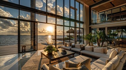 Wall Mural - luxurious waterfront villa with floor-to-ceiling energy-efficient windows that provide stunning view