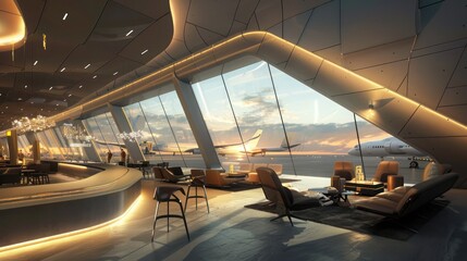 Wall Mural - futuristic airport lounge with energy-efficient windows that reduce the sound of planes taking off a