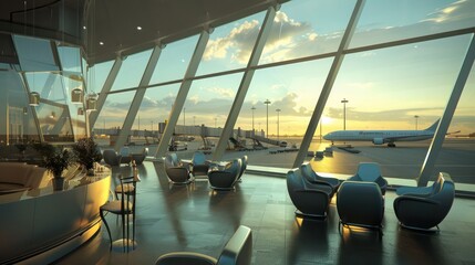 Wall Mural - futuristic airport lounge with energy-efficient windows that reduce the sound of planes taking off and landing, creating a quiet, restful space for travelers