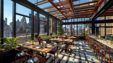 Wall Mural - rooftop restaurant with strategically placed energy-efficient windows that optimize city views while