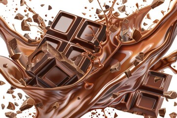 Wall Mural - Dark chocolate bars and chocolate ink splash, 3d illustration on white background