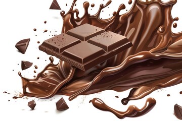 Dark chocolate bars and chocolate ink splash, 3d illustration on white background