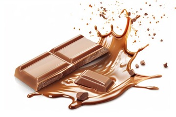 Dark chocolate bars and chocolate ink splash, 3d illustration on white background