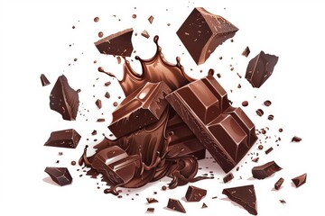 Wall Mural - Dark chocolate bars and chocolate ink splash, 3d illustration on white background