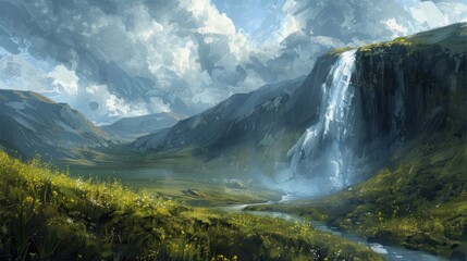 Wall Mural - Majestic Waterfall in a Mountain Valley