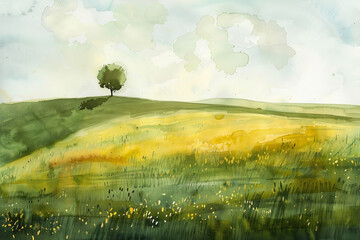 Wall Mural - A painting of a field with a tree in the middle