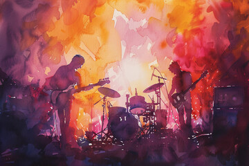 Wall Mural - A painting of a rock band performing on stage with a crowd of people watching