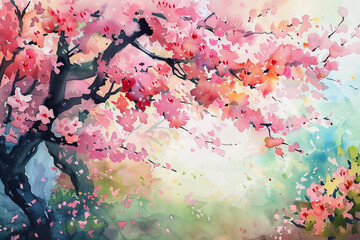 Wall Mural - A painting of a cherry tree with pink blossoms