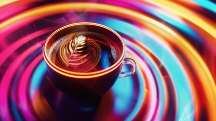 Wall Mural - Vibrant Neon Glow Coffee Packaging Design with Bold Colors and Abstract Radial Composition Close-Up under Ambient Light