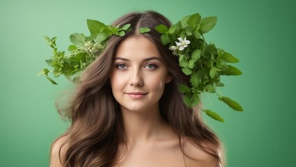 A woman with a leaf and flower wreath smiling in nature for a flash photo