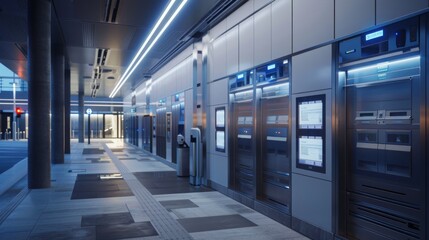 Leinwandbilder - A modern data center hallway with rows of server racks, lit by blue LED lights. The hallway is clean and sleek, with tiled floors and white walls.