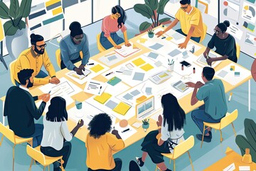 Leinwandbilder - people sitting at a table with laptops and a light bulb above them, powerful illustration of a diverse team brainstorming and innovating together