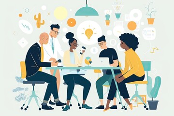 Leinwandbilder - people sitting at a table with laptops and a light bulb above them, powerful illustration of a diverse team brainstorming and innovating together