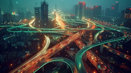 Sticker - Night Cityscape with Complex Highway Interchange