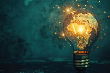 Poster - a light bulb with a glowing earth inside, Vintage map with old-world illustrations