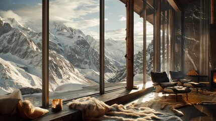 Wall Mural - mountain lodge with energy-efficient windows designed to handle extreme weather conditions, offering