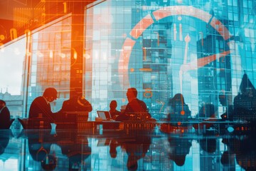 Poster - a group of people sitting around a table with a clock, Collaborative business meeting photo, showcasing teamwork and strategy
