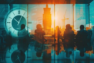 Poster - a group of people sitting around a table with a clock, Collaborative business meeting photo, showcasing teamwork and strategy