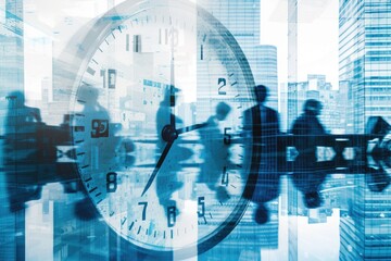 Poster - a group of people sitting around a table with a clock, Collaborative business meeting photo, showcasing teamwork and strategy