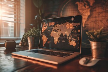 Aufkleber - a laptop computer sitting on top of a table, Overlay a laptop with a world map to craft a double exposure that represents global business operations and the influence of technology