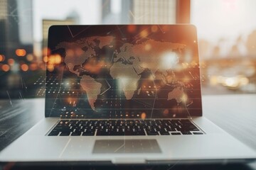 Aufkleber - a laptop computer sitting on top of a table, Overlay a laptop with a world map to craft a double exposure that represents global business operations and the influence of technology