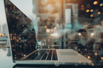 Aufkleber - a laptop computer sitting on top of a table, Overlay a laptop with a world map to craft a double exposure that represents global business operations and the influence of technology